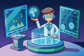 Poster - Virtual reality exploration with a futuristic character in a data-driven environment showcasing interactive graphs and digital elements