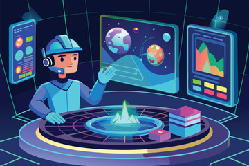Poster - Virtual reality exploration with a futuristic character in a data-driven environment showcasing interactive graphs and digital elements