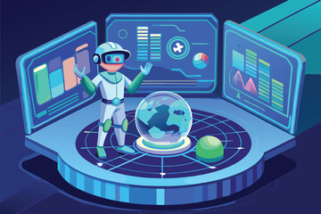 Poster - Virtual reality exploration with a futuristic character in a data-driven environment showcasing interactive graphs and digital elements