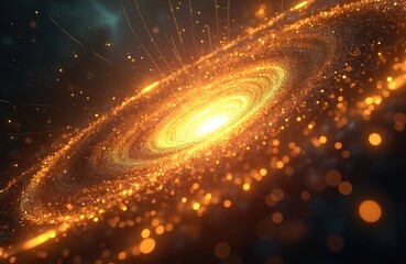 Poster - Abstract illustration of glowing galaxy with magic lines. Dynamic speed flow of yellow, orange particles create dazzling cosmic effect. Universe with light trails. Suitable for science, technology,