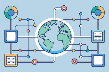Poster - Global connectivity represented through minimal vector illustration featuring the earth, data connections, and abstract elements in a modern design