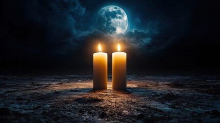 Poster - Two candles are lit in the dark, with a full moon in the background