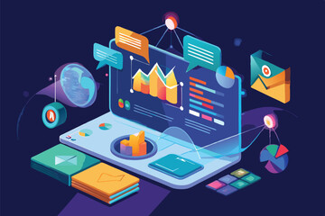 Aufkleber - creative minimal vector illustration of data analytics on a laptop with graphs and communication ico