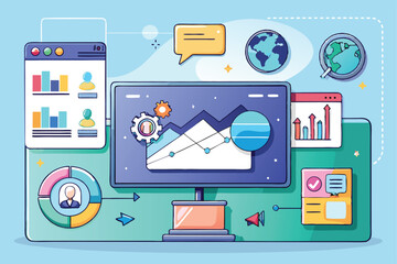 Aufkleber - creative minimal vector illustration of data analytics on a laptop with graphs and communication ico