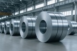 Steel coil rolls stored inside factory warehouse. Large industrial steel coils neatly lined up in a modern warehouse for manufacturing and production purposes.

