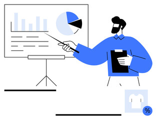 Poster - man with clipboard pointing at charts and pie graphs on a presentation board. ideal for business str