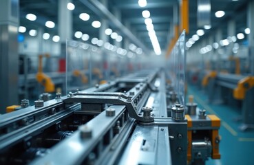 Poster - Clean, metallic assembly line with blurred factory background. Industrial production, machinery, automation, product presentation. Modern tech equipment, empty space template. Perfect for medical,