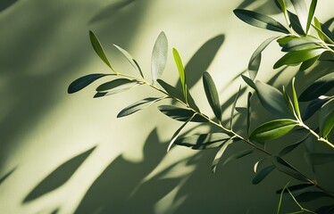 Poster - Green abstract background featuring delicate leaves and soft shadows creating a serene, natural atmosphere