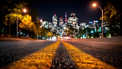 cityscape view at night, illuminated road markings, city lights, dark sky