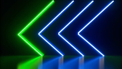 Poster - 3d render, abstract panoramic neon background with arrows showing right direction, green blue gradient glowing in the dark, futuristic lights, digital scenery, vibrant modern motion design