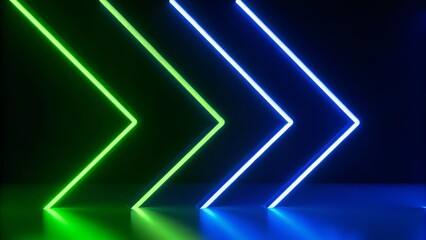 Poster - 3d render, abstract panoramic neon background with arrows showing right direction, green blue gradient glowing in the dark, futuristic lights, digital scenery, vibrant modern motion design