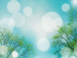 Poster - Bright and airy abstraction of green foliage with soft bokeh against a serene blue sky