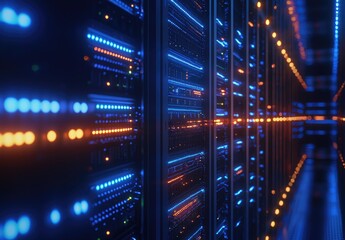 Poster - Close-up view of advanced server racks glowing with blue and orange lights in a futuristic data center, perfect for cloud solutions, cybersecurity, and IT infrastructure themes