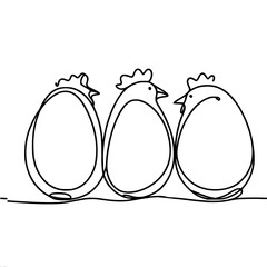 Aufkleber - Three hens in egg shape in continuous line drawing on minimalistic background