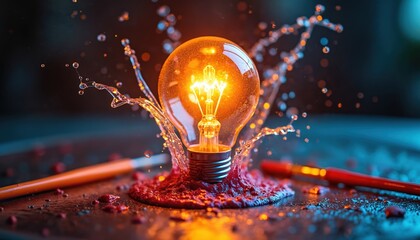 Poster - Illuminated light bulb on table with paint, brushes. Idea concept creativity, symbol of innovation, solution, electricity. Bright, glowing, incandescent, light, power, technology, solution, energy.