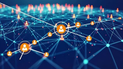 Poster - Visual representation of a digital network with connected icons on a blue background signifying modern connectivity, network of connections with icons on blue background