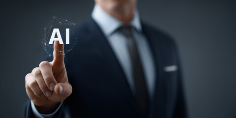 Poster - The Power of AI: A business executive in a sharp suit uses his finger to activate the 