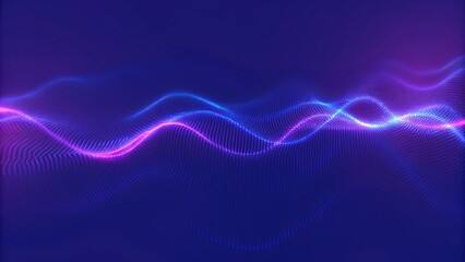 Fototapete - Bright wavy background. Glowing dots and lines. Neon light. Wave element for design. Smooth particle waves. Dynamic techno wallpaper. Violet and blue colors. Futuristic motion backdrop visualization.
