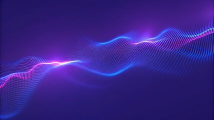 Fototapete - Bright wavy background. Glowing dots and lines. Neon light. Wave element for design. Smooth particle waves. Dynamic techno wallpaper. Violet and blue colors. Futuristic motion backdrop visualization.