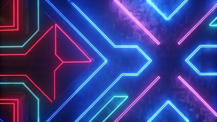 Poster - Neon gaming geometric abstract glowing cyberpunk style banner for advertising and promotion background wallpaper, futuristic digital vibrant light sci-fi virtual tech modern concept