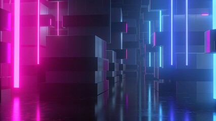 Poster - 3d rendering illustration of gaming background abstract, cyberpunk style of gamer wallpaper, neon glow light of scifi metaverse, cube box in the room, futuristic digital room atmosphere