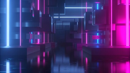 Poster - 3d rendering illustration of gaming background abstract, cyberpunk style of gamer wallpaper, neon glow light of scifi metaverse, cube box in the room, futuristic digital room atmosphere