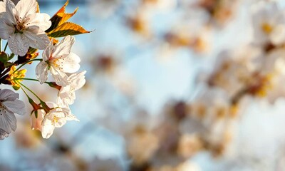 Wall Mural - close-up of blooming cherry blossoms on branch against blurred background