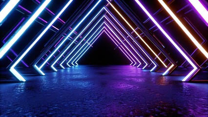 Poster - 3d technology abstract neon light background, empty space scene, spotlight, dark night, virtual reality, cyber futuristic sci-fi background, street floor studio for mock up