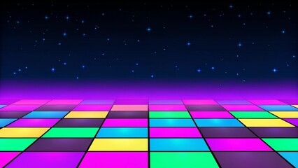 Poster - Banner for printing night disco parties. Retro vintage neon grid dance floor horizon 80s and 90s, glowing backdrop with futuristic style for electronic music events in vibrant color scheme