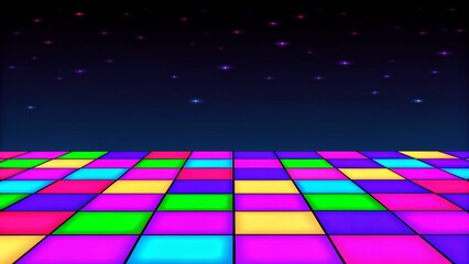 Poster - Banner for printing night disco parties. Retro vintage neon grid dance floor horizon 80s and 90s, glowing backdrop with futuristic style for electronic music events in vibrant color scheme