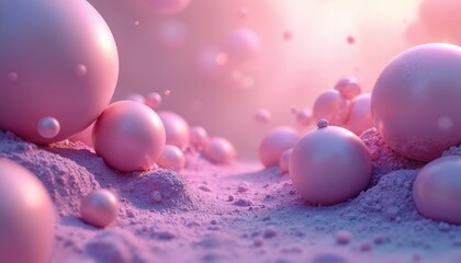 Poster - Abstract digital art illustration pink, purple spheres floating above textured ground. Spheres smooth finish. Soft lighting, pastel colors create dreamlike, fantasy scene. Suitable for decor,