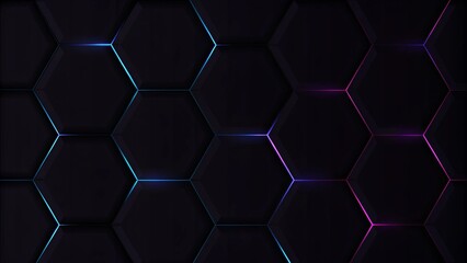 Poster - Dark hexagon gaming abstract background with blue and pink colored bright flashes, futuristic neon lights digital design glowing tech pattern modern sci fi style energy grid texture