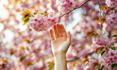 Wall Mural - hand reaching towards pink cherry blossoms on sunny day