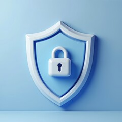 Poster - 3D shield icon lock in minimalistic style. Privacy security protection concept. Padlock with keyhole represents data safety, cyber protection, safe access, online safety. Blue, white colors. Secure