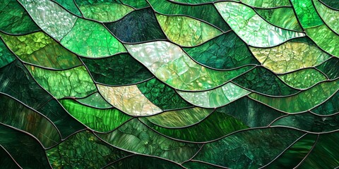Poster - Stained glass abstraction featuring waves of green hues and intricate patterns in a vibrant composition