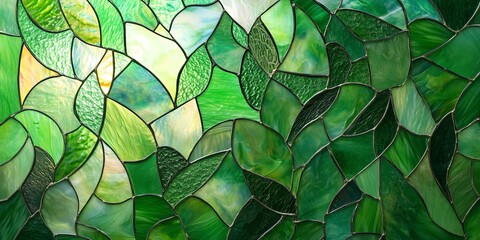Poster - Colorful abstract stained glass in shades of green, showcasing intricate patterns of nature's elements in a luminous design