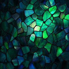 Poster - Stained glass abstraction featuring a vibrant green mosaic pattern illuminated by gentle light