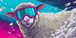 © GaMe - Cool cartoon sheep wearing teal snow goggles snowboarding through vibrant pink and blue background