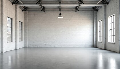 Aufkleber - Industrial building interior. White brick walls, concrete floor, empty space for product display. Modern hall with windows, metal ceiling. Urban warehouse background. Room for advertising, business.