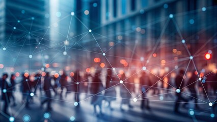 Poster - View of a crowd with a network of connections. Big data, smart city, wifi concept. Urban innovation, digital communication, people analytics, futuristic connectivity, surveillance technology.