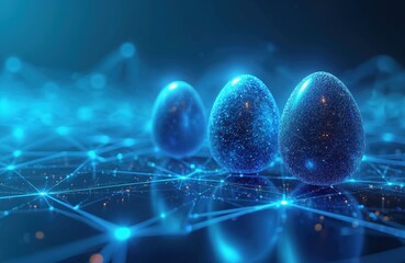 Poster - Illustration of Easter eggs in futuristic tech style on blue neon background. Digital Easter eggs with data streams, network connections. Easter holiday decoration celebration design.