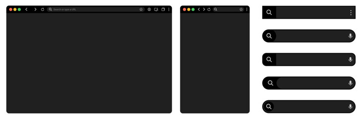 Fototapete - Browser window mockup template with search bar UI, including frames for PC, laptop, tablet, and mobile in Dark modes. Vector illustration for web and app interface design.