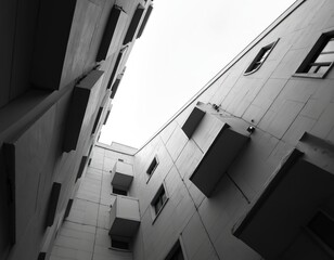 Aufkleber - Modern geometric building facade architecture. Black and white photo shows architectural details, lines, shapes. Minimalist design with shadows, perspective. Urban abstract background.