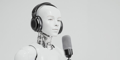 Poster - AI Podcast: A sleek, humanoid robot with advanced audio equipment, poised at a microphone, signifying the harmonious fusion of technology and art.