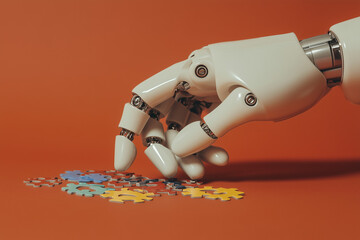 Poster - Robotic Hand Interacting with Colored Chips: A robotic hand meticulously interacts with an assortment of vibrant colored chips against a bold backdrop.