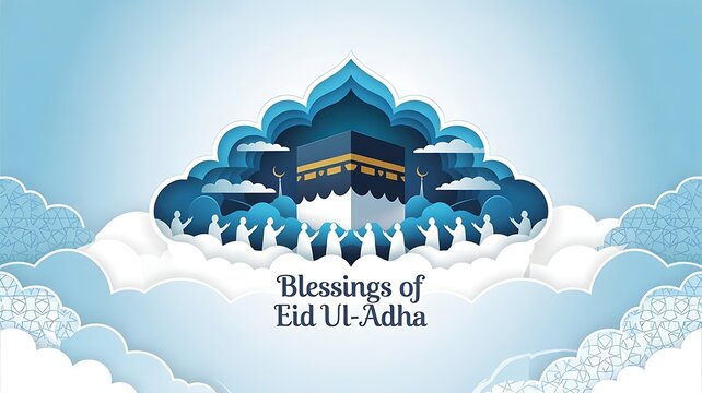 Eid ul-Adha card vector with clean paper cut art of the Kaaba, clouds, and pilgrims in white robes, 025 eid ul adha banner, cretaed with generative ai