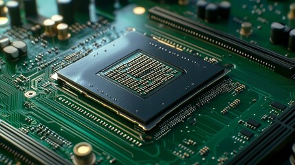 Poster - High Resolution Close Up Modern CPU Processor on Green Circuit Board Technology Image Digital Detailed Powerful Microchip Electronic Component        