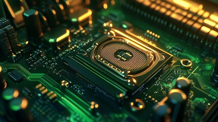 Poster - Closeup Modern Computer Motherboard CPU Processor Green Gold Technology Digital Circuit Board High Tech Electronic Hardware Detailed Design Innovation