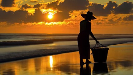 Poster - Silhouette of woman gathering shells at the beach during sunset, Beautiful silhouette of woman at the beach during sunrise