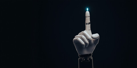 Poster - Futuristic Touch: A close-up captures the sleek, white robotic hand pointing upwards against a dark background, a symbol of innovation.